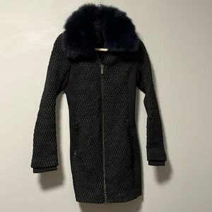 Zac Posen black quilted jacket with real dyed blue fox fur